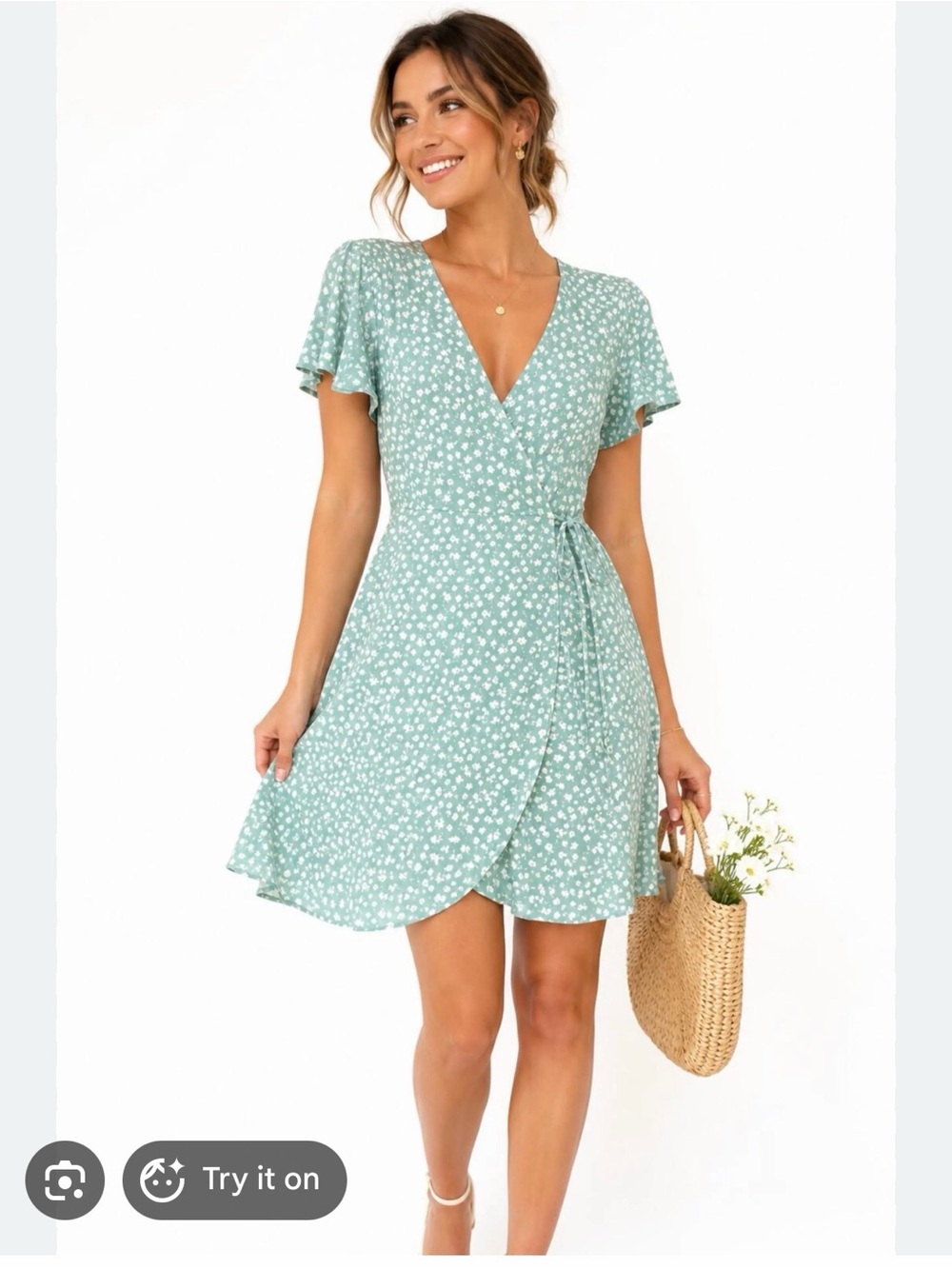 Light Blue Flutter-Sleeve Wrap Mini Dress